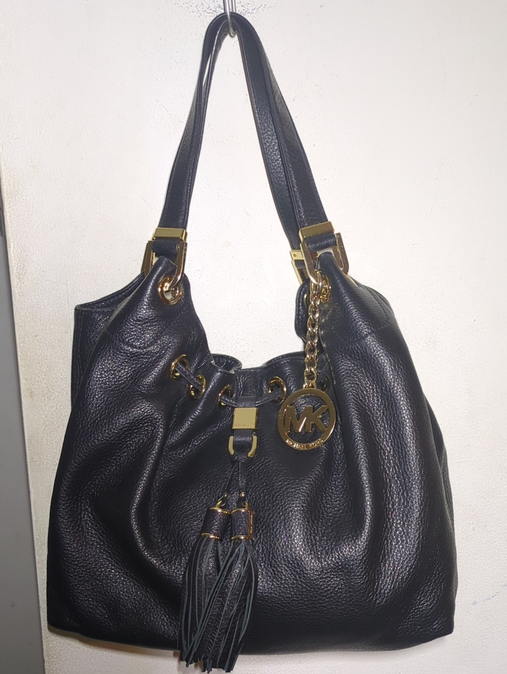 Michael Kors Black Pebbled Leather Shoulder Hobo w/ Gold MK Charm & Tassels $110